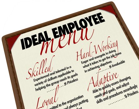 A menu showing you the options for choosing an ideal employee, with qualities such as skilled, hard-working, loyal and adaptive