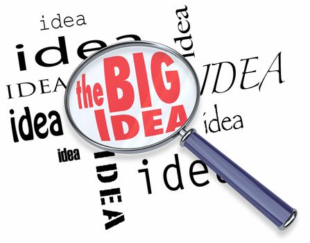 The word idea repeated many times and a magnifying glass hovering over the words The Big Idea to represent innovation and invention