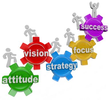 A team of people walking upward on connected gears with the words Attitude, Vision, Strategy, Focus and Success symbolizing the elements necessary to achieve a goal and be successful in business or life