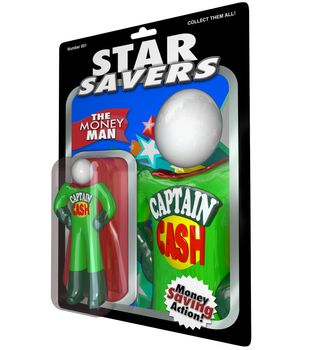 An action figure from the Star Savers toy collection, the Money Man himself, Captain Cash, a superhero who helps you save money with discounts, sales and other financial rescue actions