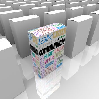 Many boxes on a store shelf, one with the word Communicate and many words related to it such as speak, talk, listen, alert, announce, educate, interact and more