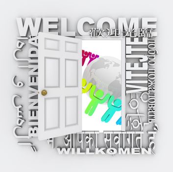 A door opens to show a world with diverse people around it, surrounded by the word Welcome in different international languages