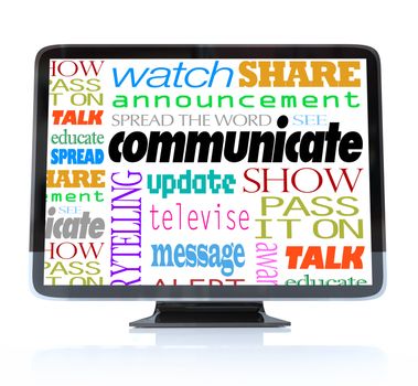 A HDTV television with the word Communicate and many other related words and terms such as watch, show, alert, announcement, update and more