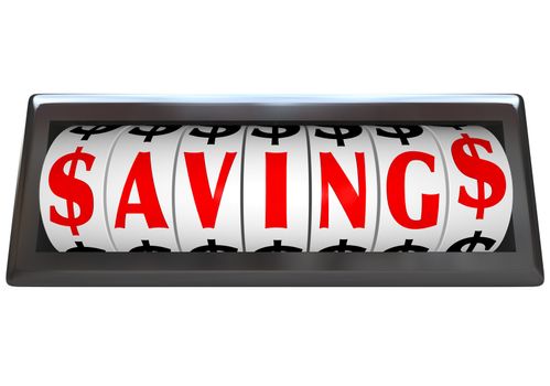 The word Savings in red letters on an odometer of a vehicle or device counting or tallying the money saved at a sale or discount clearance event