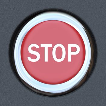 A red car ignition button with the word Stop to symbolize danger or emergency and the immediate need to turn off the engine