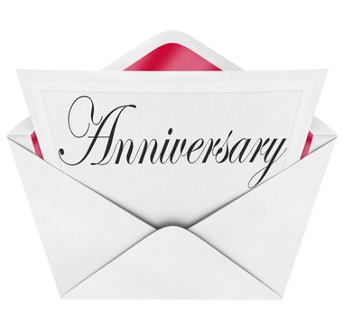 An opening envelope revealing a formal card or invitation with the word Anniversary in cursive letters