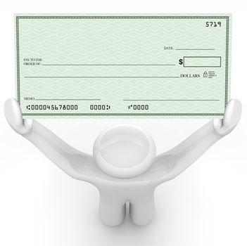 A man holds a large paper check that is blank and has space for you to include your own text