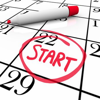 A day with the word Start circled on a calendar to mark the beginning of a new job, school semester or other significant event