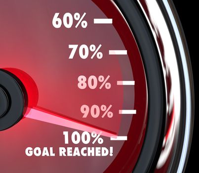 A red speedometer with a moving needle rising past numbers and percentages to hit 100 percent Goal Reached