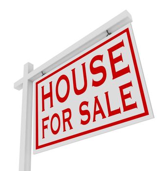 A white, wooden house for sale sign for placing outside a home that has been put on the real estate market and is looking for a buyer so the owners may sell and move