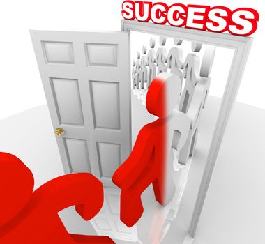 A line of people step through a doorway marked Success and are changed to a new color symbolizing that they have been transformed to achieve and accomplish their goals in life