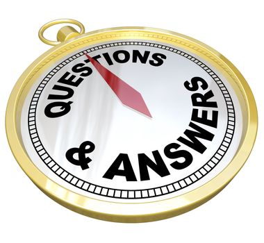 A gold compass with the words Questions and Answers representing the help, guidance and assistance you can get from customer support team or person who can offer direction