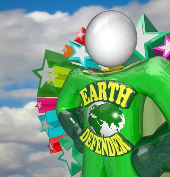 A person in a green superhero costume stands ready to face challenges to the Earth in his role as environmental activist and helper of all things eco friendly