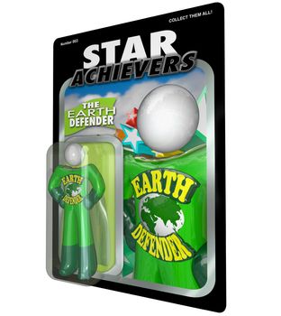 An action figure from the Star Achievers toy line, the Earth Defender, an environmental activist in green outfit and cape, a person who volunteers energy to protect the planet and environment