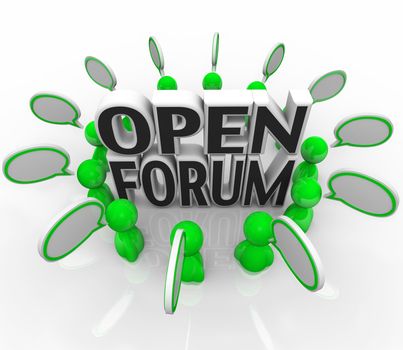 A group of illustrated 3d people are arranged in a circle around the words Open Forum representing sharing and communication of questions and ideas