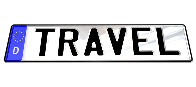 The word Travel appears on a white German license plate to promote a fun road trip for traveling in the country of Germany on the roads to your destination