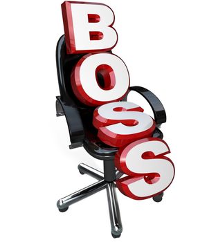 A leather chair with the letters of the word Boss sitting on it, representing the person in charge of an organization, such as the president, chief executive officer, manager, supervisor or other leader