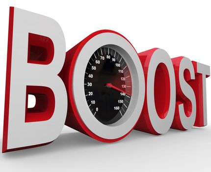 The word Boost with a speedometer in letter O measuring the speed of your improvement, faster pace, recovery or overall change for the better