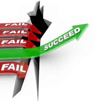 Several red arrow with the word Fail plunge into a chasm while one successful green arrow with the word Succeed rises above the challenge to win a competition