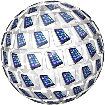A sphere of application app tiles showing smart cell phones connected and linked in a communication network