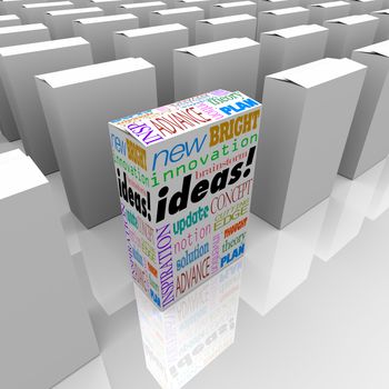 Many boxes on a store shelf, one with the word Ideas stands out from the rest and offers the best opportunity for new ideas and innovation