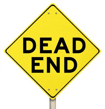 A yellow warning sign with the words Dead End illustrating the closure of a road for an obstruction or no exit telling you to find another way out