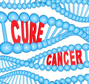 The words Cure Cancer in strands of DNA representing the importance of breakthrough medical research in finding therapies, causes and cures for types of cancer such as breast, brain, lung and others