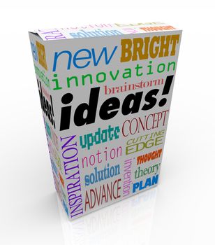 The word Ideas on a product box you could buy at a store for instant inspiration, innovation, concepts, brainstorms, inventions and plans
