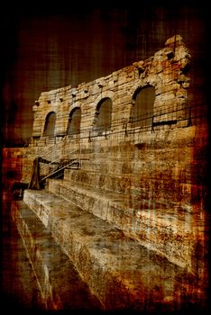 Roman amphiteatre called Arena di Verona, actually used as opera theatre, Italy. Grunge style