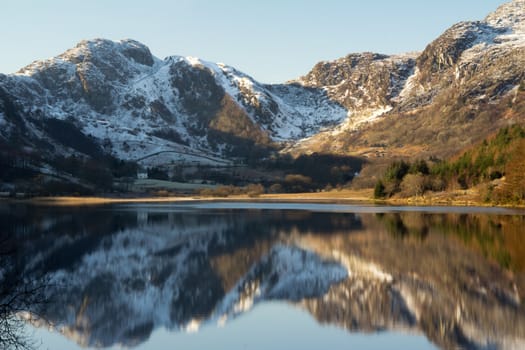 Snow dusted hills reflected in the lake