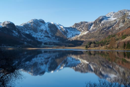 Snow dusted hills reflected in the still waters of a lake