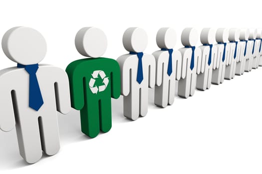Concept of eco activist. Illustration of green person in row of office people.