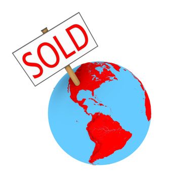 Sold sign on planet Earth isolated on white background. Elements of this image furnished by NASA.