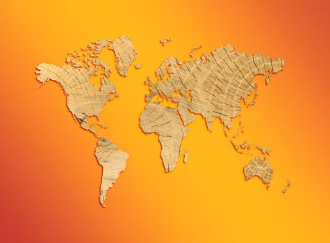 the world map from texture of a tree on an orange background