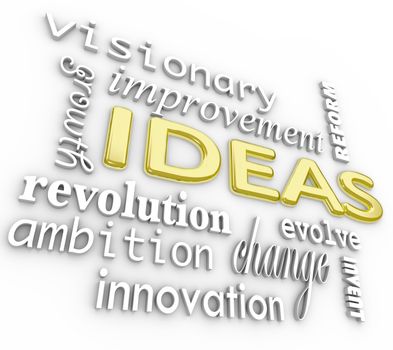 A background of 3d words related to ideas and innovation - including ambition, revolution, visionary, change, improvement, growth, reform and more