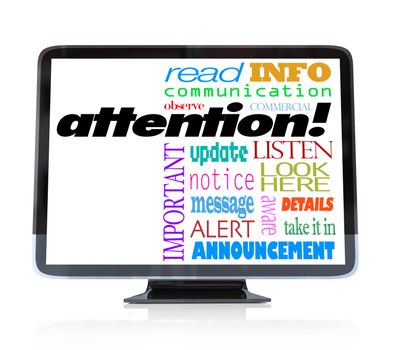 A high definition television with the word attention and many other words related to communication and a special televised announcement: info, update, alert, commercial, message, notice and more