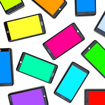 Many smart phones side by side with screens of different colors