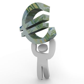 A man holds a Euro currency symbol to symbolize international financial growth and reaching economic goals