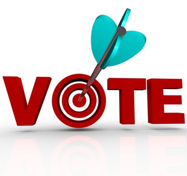 The word Vote in 3D red letters with an arrow shot into the bulls-eye in the letter O, illustrating how politicians target voters during a political campaign