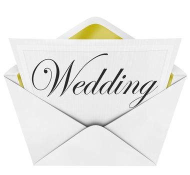 An opening envelope revealing a formal invitation to a wedding ceremony and reception celebration