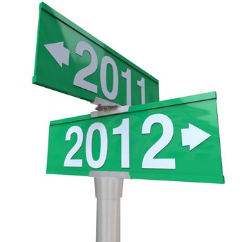 A green two-way street sign pointing to the years 2011 and 2012 with arrows leading to the past or the future, perfect for a symbol of the new year and the changing of times