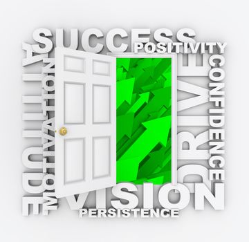 Several words symbolizing qualities of a successful person surround a door leading to growth
