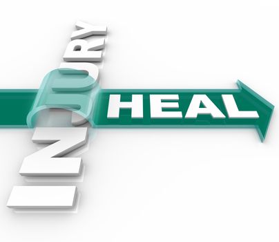 The word Heal on an arrow jumping over the word Injury illustrating the recuperation and renewal of engaging in therapy in a health care or faith based situation