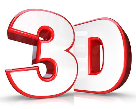 The abbreviation 3D in three dimensional letter and number on a white background representing new technology for viewing movies and television programming that comes out of the screen at you