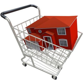 A red home sits in a shiny metal shopping cart, symbolizing the purchase of a new home