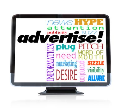 A high definition television with the word advertise and many other words associated with advertising such as word of mouth, attention, visibility, buzz, hype and more