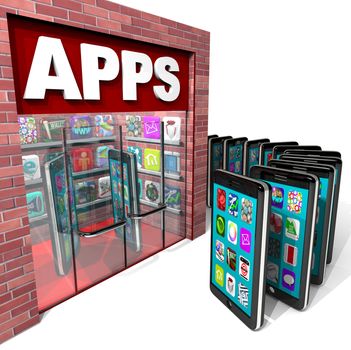 Many mobile smart phones line up to purchase applications at a store marked Apps, symbolizing a computer based marketplace for downloadable software