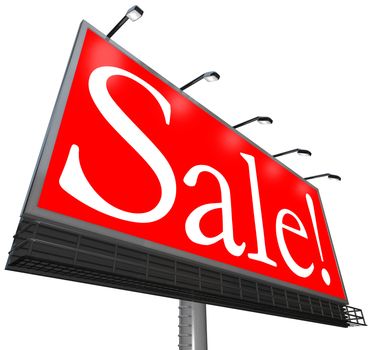 The word Sale on a red background on an outdoor billboard sign advertisement to attract customers to a special discount event at a store