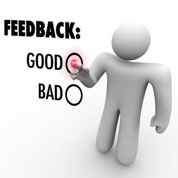 A man presses a button beside the word Good when giving feedback and opinions on a touch screen asking for positive or negative comments