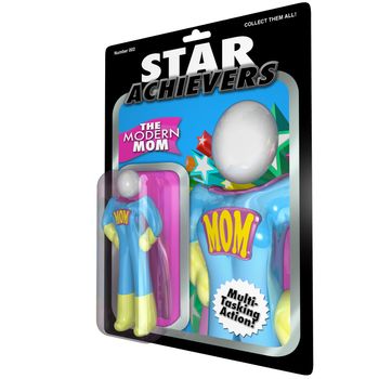 An action figure from the Star Achievers toy line, the Modern Mother in superhero uniform and cape, ready to save the day by multi-tasking raising a family, working on the home, taking care of children, and more